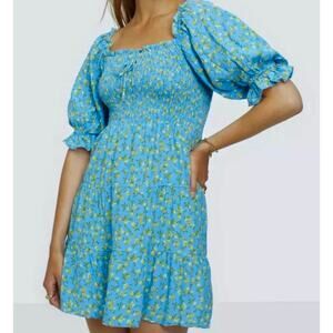 Faithfull the Brand Charolette Smocked Mini Dress Blue Yellow XL